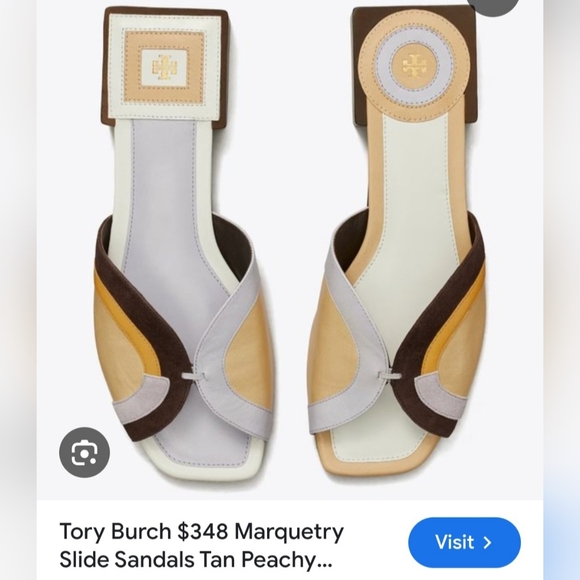 Tory Burch Marquetry Nappa Leather/Suede Mules Slides Abstract Tan/Peachy US 9 - Picture 2 of 16